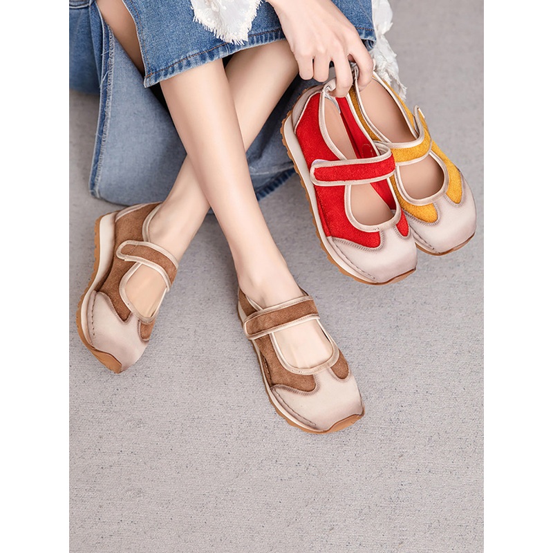 Vintage Women Shoes Heel Low Leather Colorblock Summer