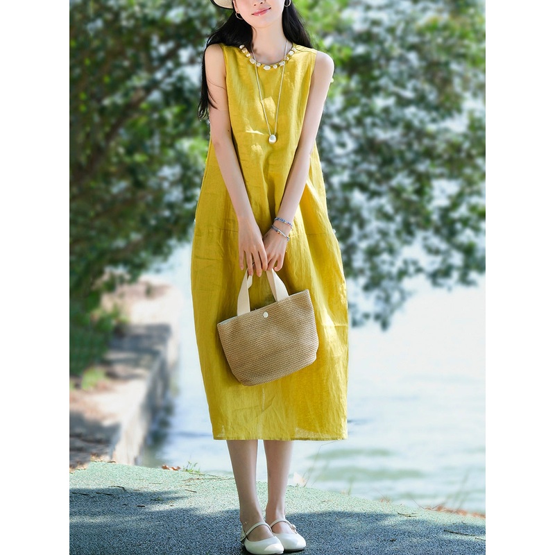 Women 100%Linen Summer Dress Sleeveless O-Neck