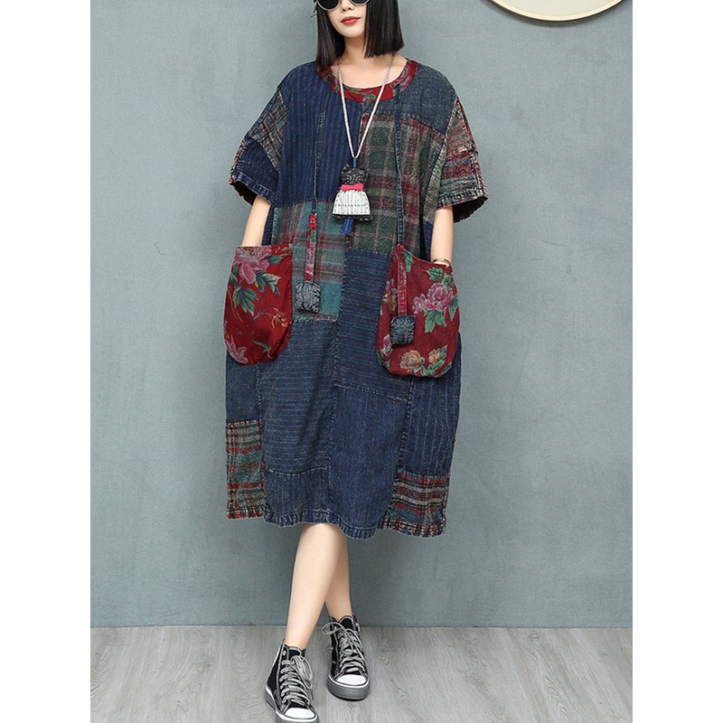 Women Patchwork Dress O-Neck Retro Summer Cotton