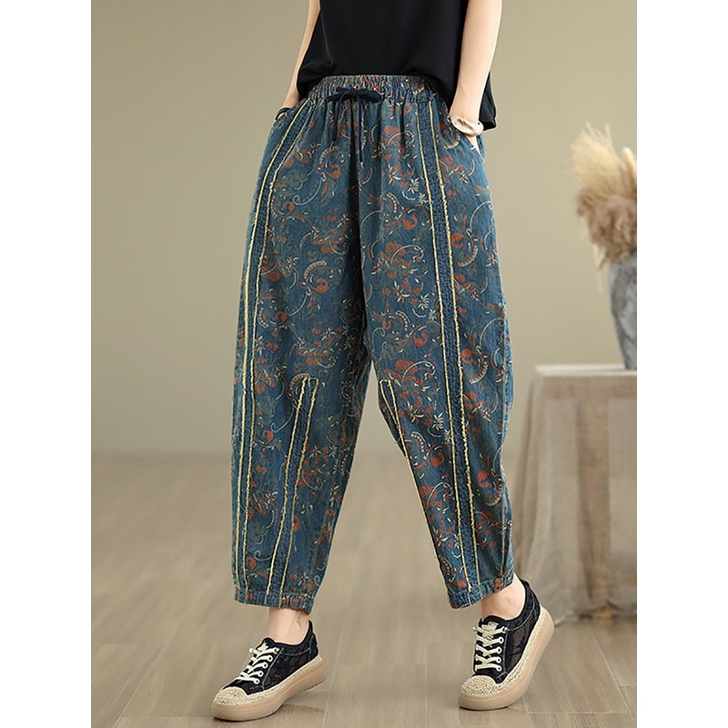 Women Patchwork Flower Denim Pants Harem Retro