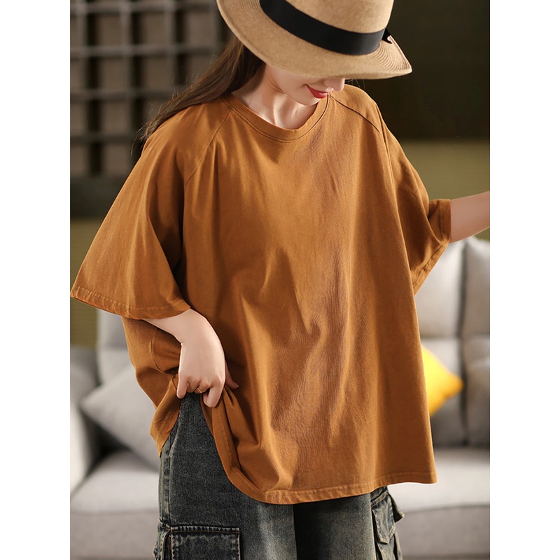 Women Shirt O-Neck Casual 100%Cotton Summer Pure Color