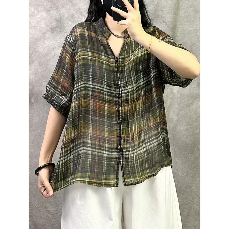 Women Summer Retro Plaid V-Neck Ramie Shirt
