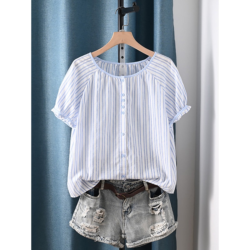 100%Cotton O-Neck Stripe Plaid Summer Women Artsy Shirt
