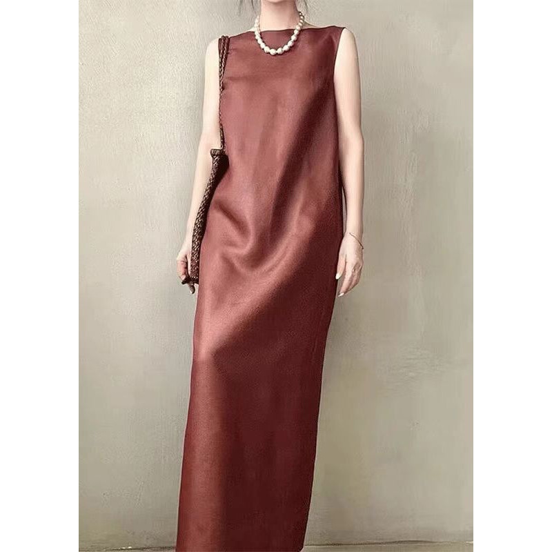 Back Red Side Silk Sleeveless Open Long Dress Pockets Elegant