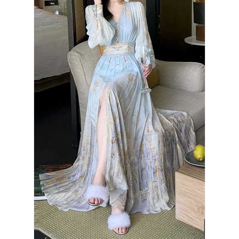 Blue Maxi Chiffon Dresses Stylish V Spring Waist High Neck Print