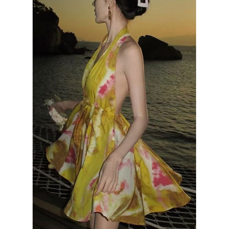Chiffon Dresses Backless Up Lace Stylish Yellow Print Mini