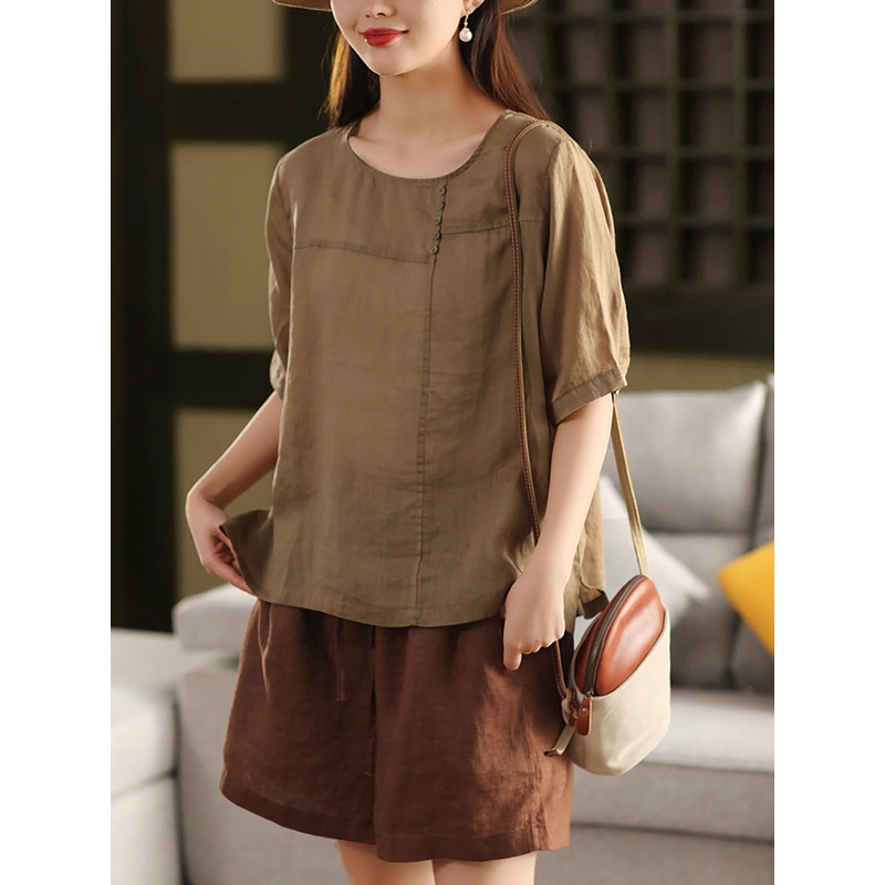 Color O-Neck Shirt Pure 100%Ramie Women Vintage Summer
