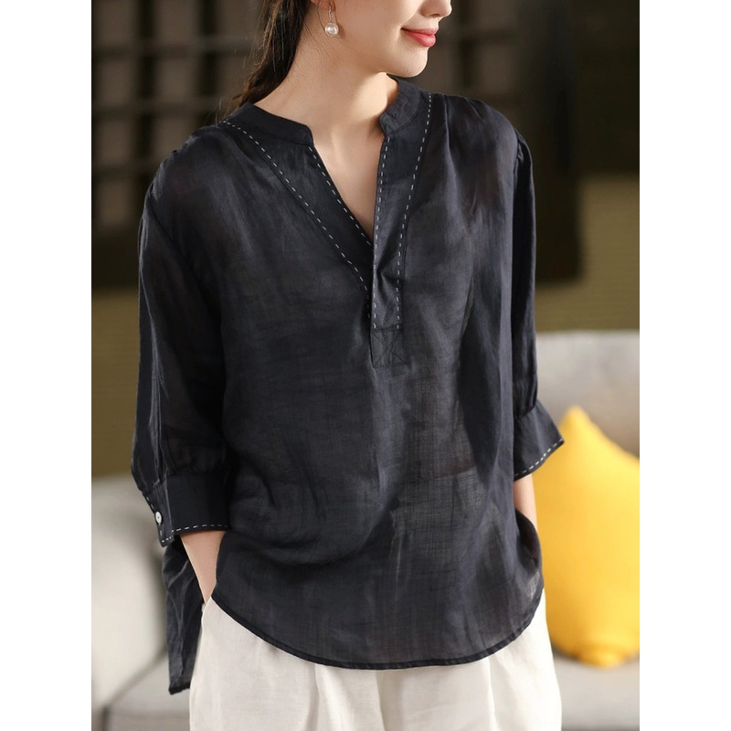Color Pure Summer Shirt V-Neck 100%Linen Women