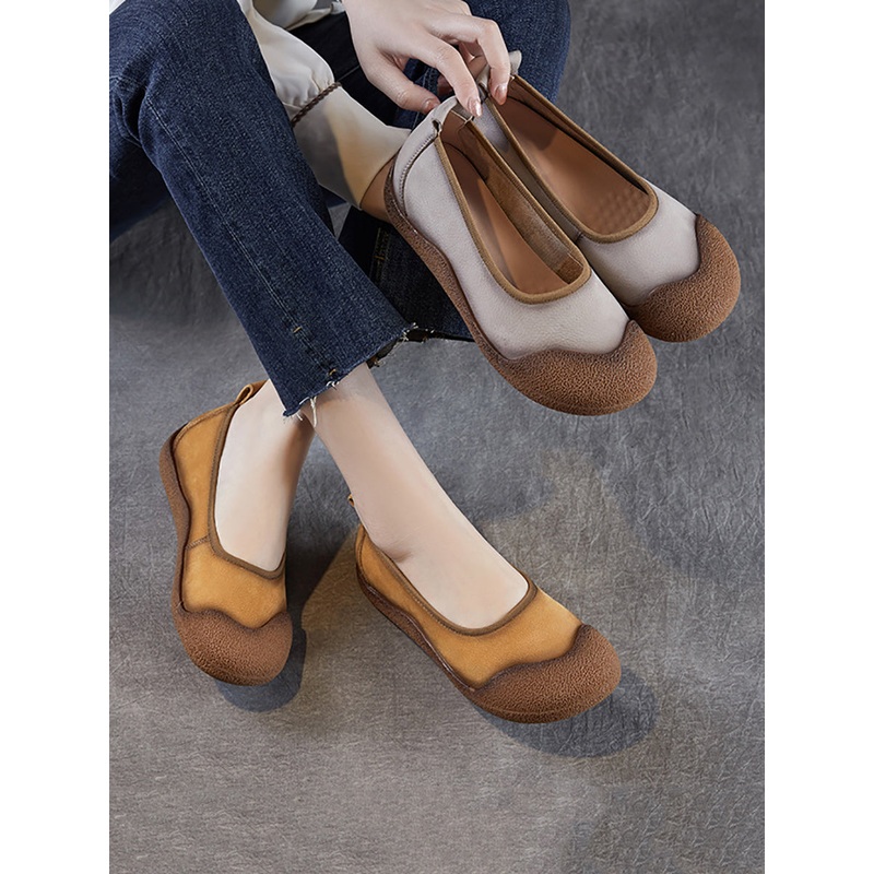 Colorblock Shoes Women Flat Genuine Summer Leather