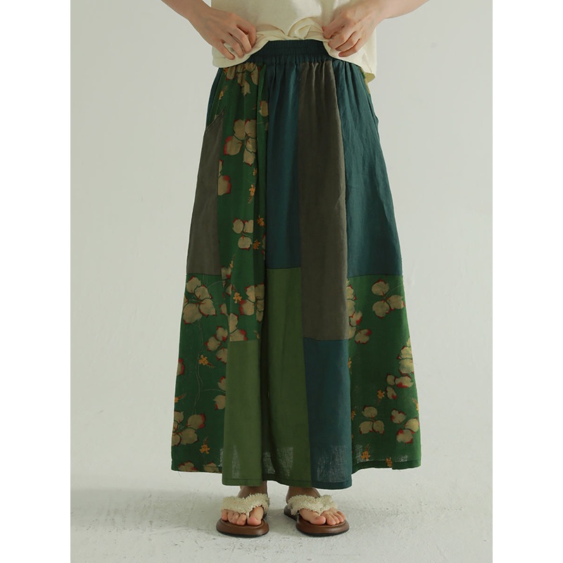 Colorblock Women Skirt Summer Flower Retro Spliced
