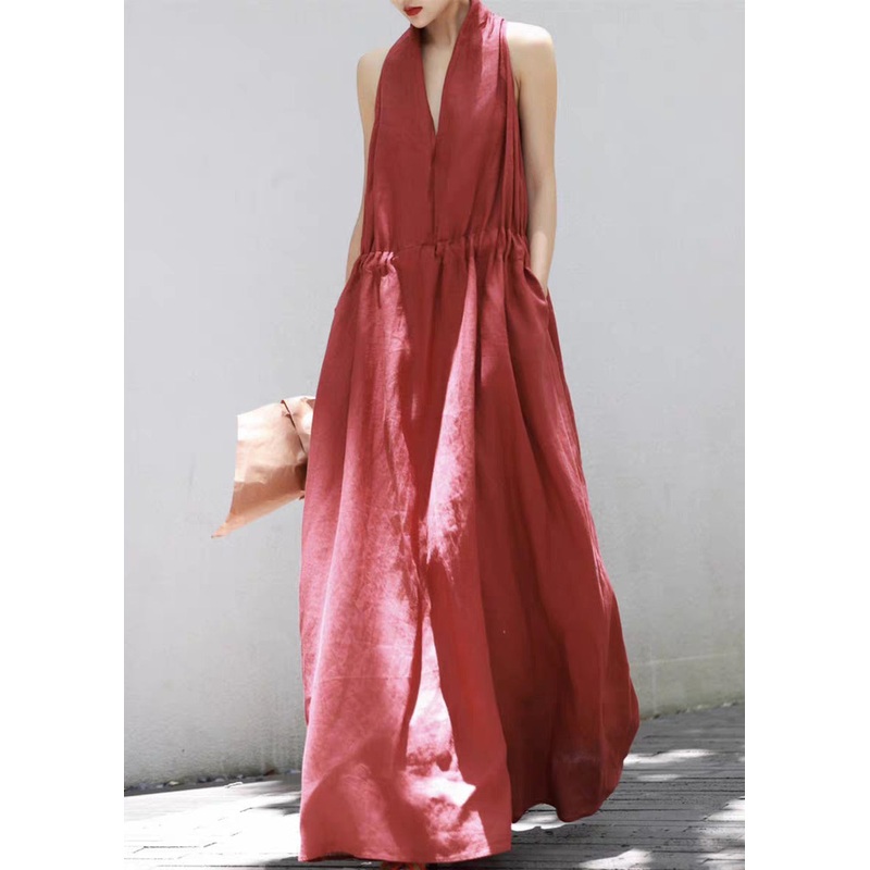 Dress Lace V Summer Long Up Solid Neck Cotton Red