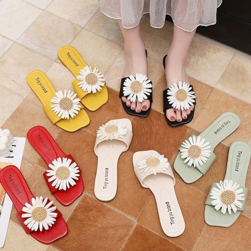 Flower Slide Sandals Applique|Black|Blue|Green|Off-White|Red|White|Yellow|35|36|37|38|39|40