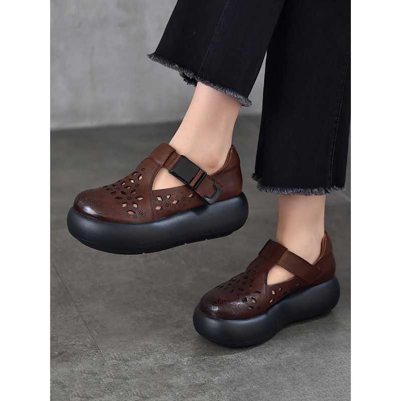Hollow Out Leather Platform Genuine Casual Women Summer Shoes