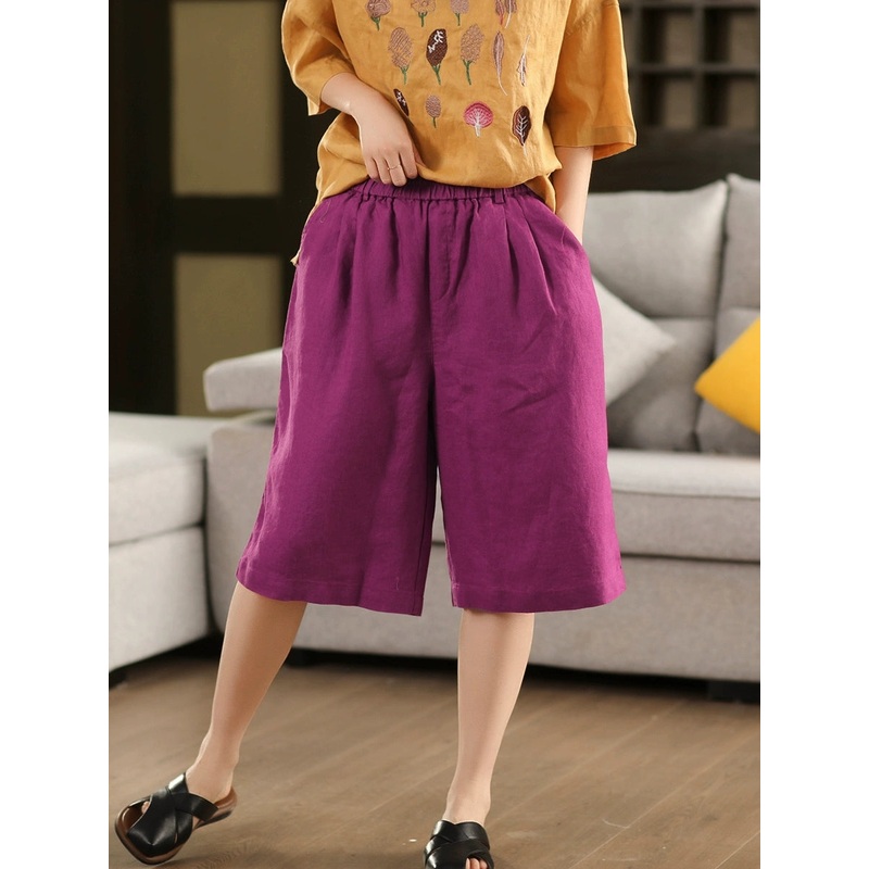 Pants Summer 100%Linen Fifth Color Straight Pure Women