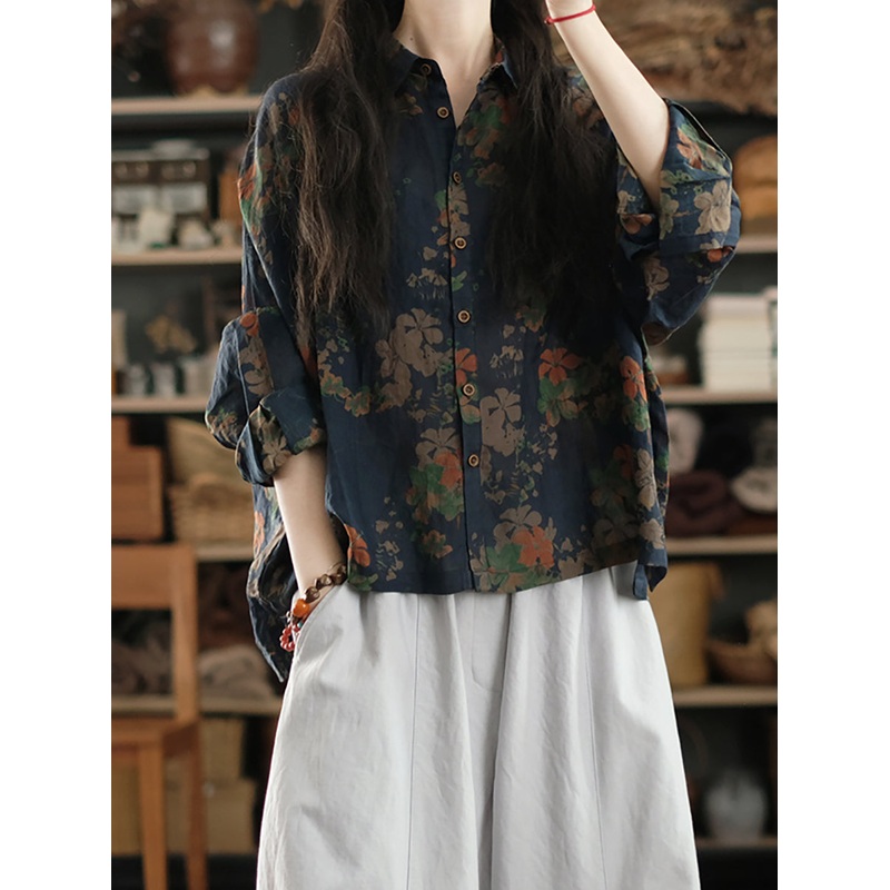 Shirt Women Summer 100%Ramie Artsy Collar Flower Turn-down