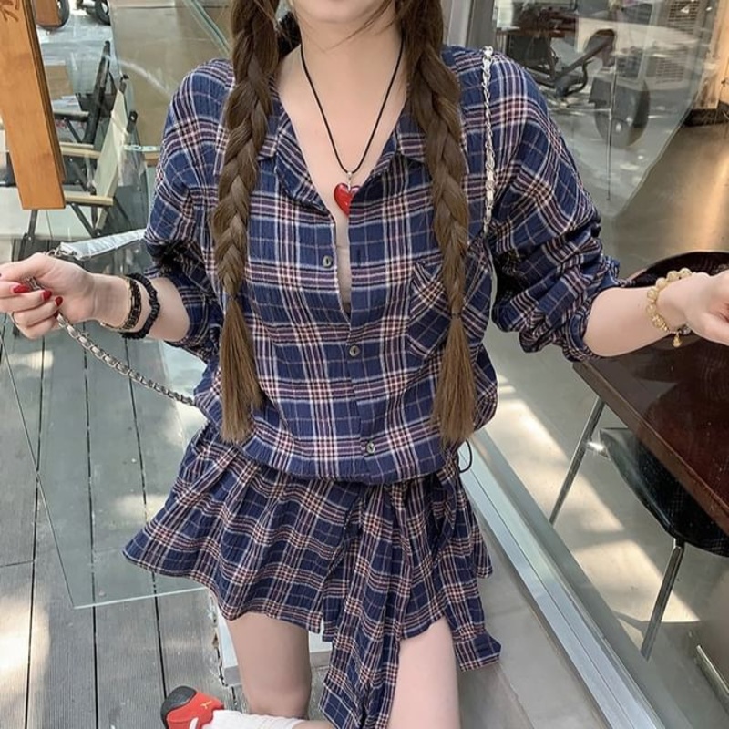 Sleeve Plaid Shirt Long Tie-Up Collared