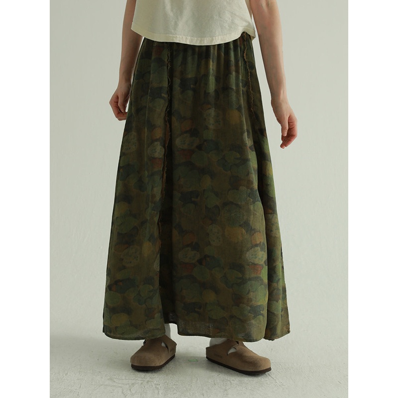 Spliced Skirt Retro 100%Cotton Lotus Women Summer Leaf