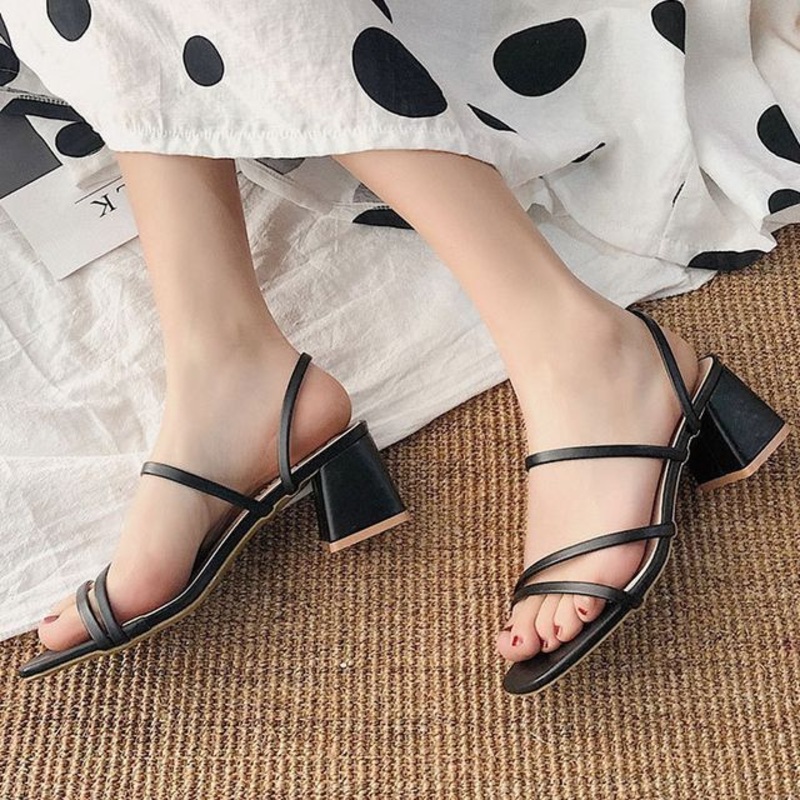 Strappy Sandals Heel Chunky|Black|Off-White|Pink|35|36|37|38|39|40|41|42
