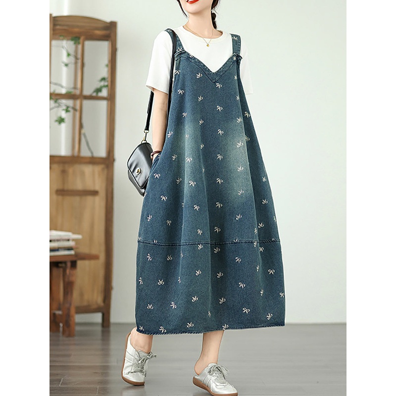 Summer Women Overall Denim Embroidery Dress Bowknot