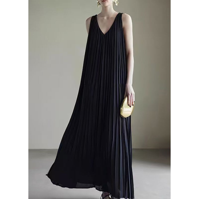 Summer Wrinkled Dresses V Neck Pockets Long Chiffon Black
