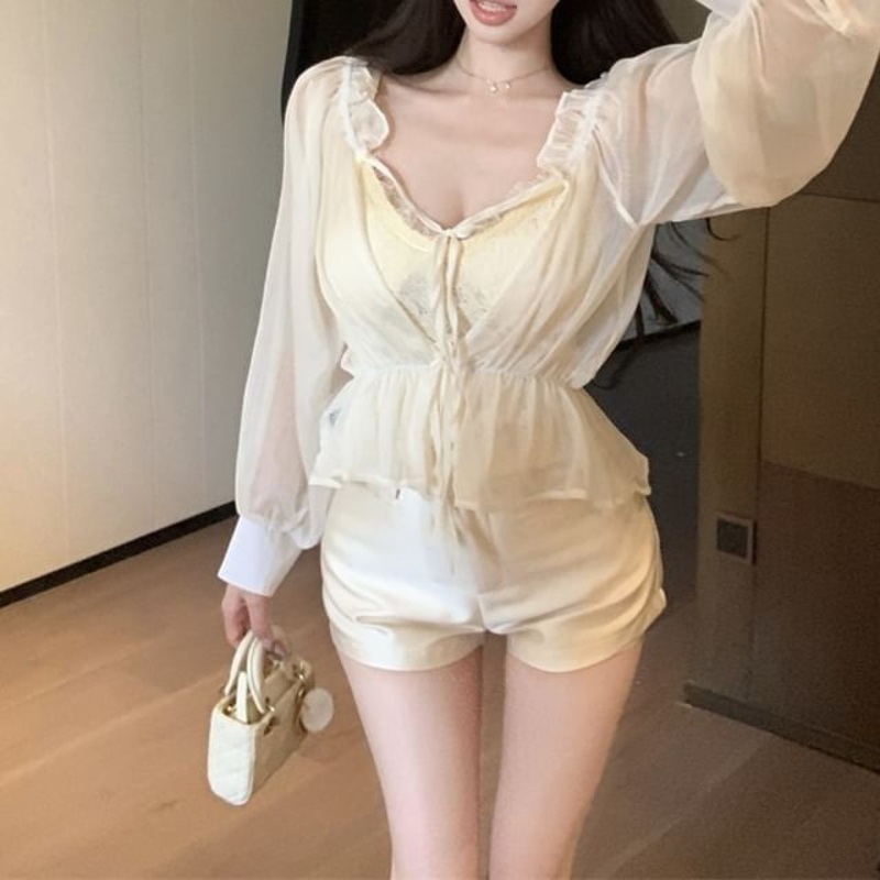 Tie High Front Shorts Waist Shoulder Cami Satin Sleeve Plain Lace Top Off Long V-Neck /