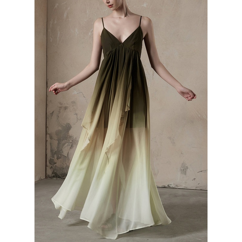 V Long Wrinkled Sleeveless Neck Chic Color Gradient Dress Chiffon