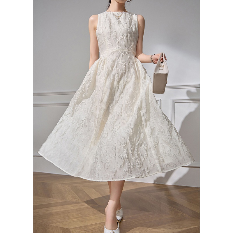 White O-Neck Dresses Cotton Long Waist High Jacquard Sleeveless