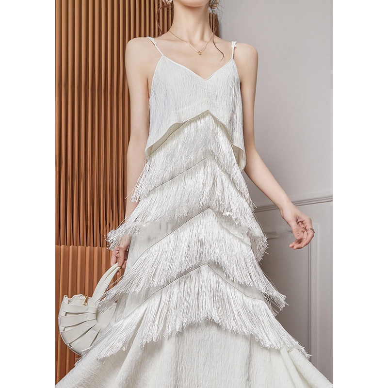 White Strap Neck Sleeveless Tasseled Elegant Spaghetti Dress V