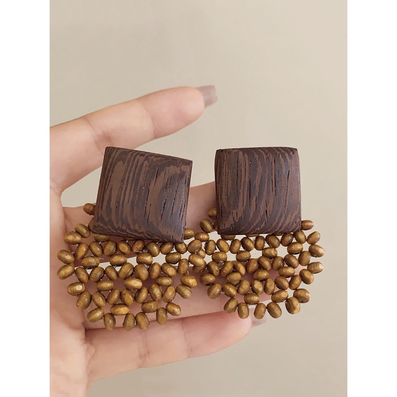 Wooden Vintage Square Women Earrings Bead Flower