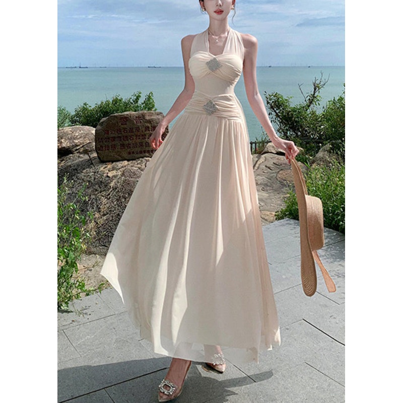 Wrinkled Apricot Cotton Dresses Long Summer High Waist