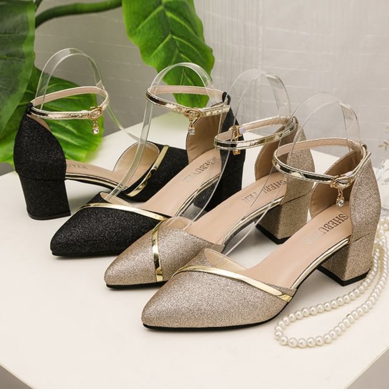 Almond Chunky Heel Toe Glitter Sandals Strap Ankle