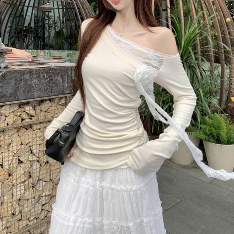Trim Maxi Asymmetrical Skirt Rise A-Line Long-Sleeve Ruched High Tee Plain Lace / One-Shoulder