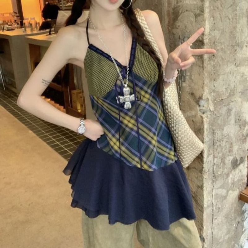 V-Neck Panel Halter Top Plaid|Plaid – Blue|S|M|L