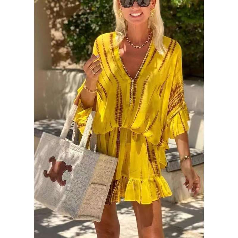 Batwing Beach Fine Sleeve Chiffon Print Zircon Yellow Dress