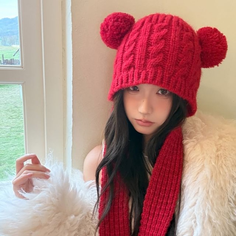Beanie Knit Ear Bear|Red|M