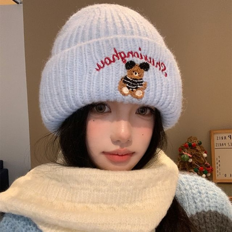 Bear Embroidery Beanie|Blue|M