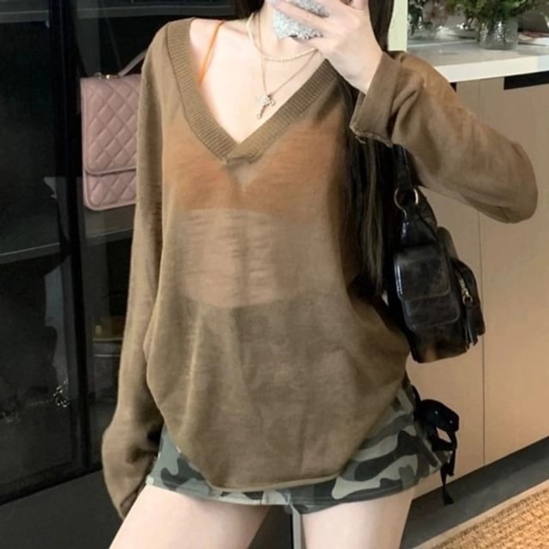 Bralette Top Knit / Plain Long-Sleeve V-Neck