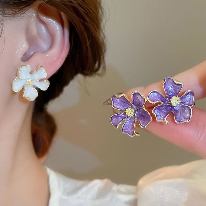 Earring Stud Flower|1 Pair – Purple|1 Pair – White|One Size