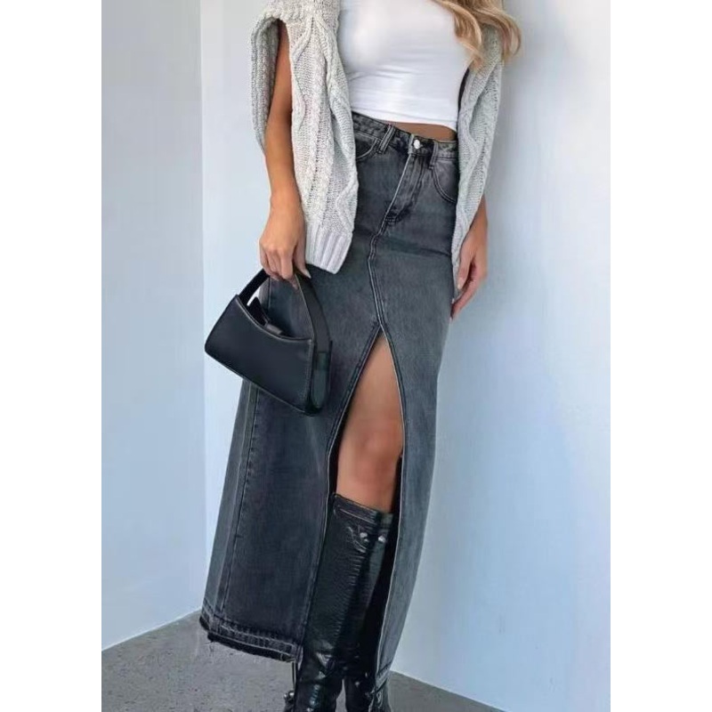 Summer Waist Women Denim Skirts High Side Open Grey