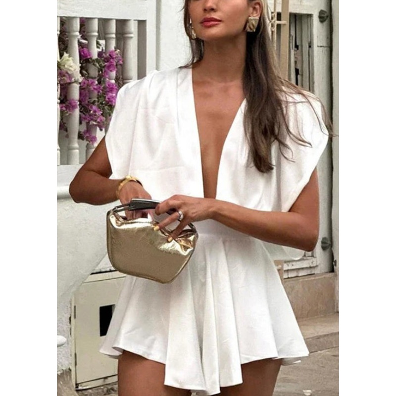 White Mini Summer Cotton Dresses Tunic Deep-V French Neck