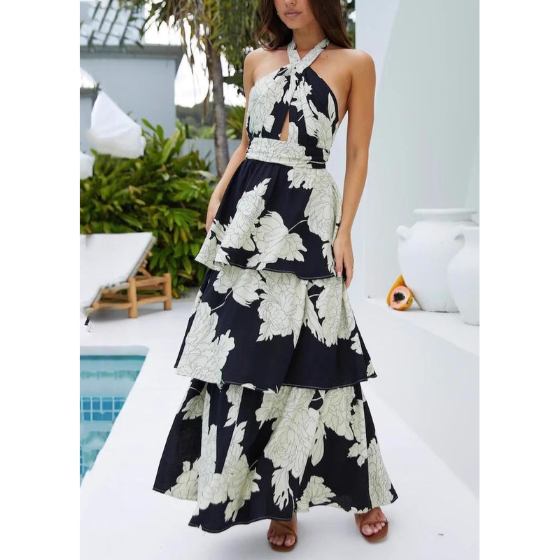 Black Backless Dresses Summer Print Fitted Vacation