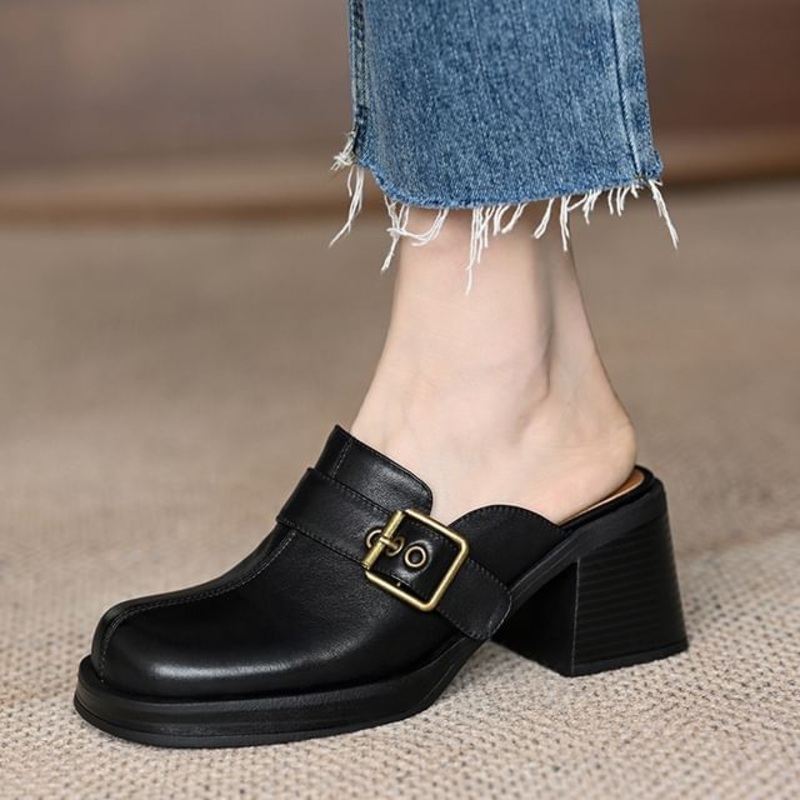 Block Heel Mules Buckled|Almond|Black|34|35|36|37|38|39|40