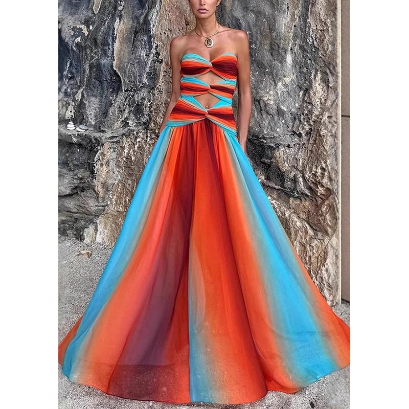 Bohemian Strapless Color Exra Gradient Large Chiffon Hem Dress