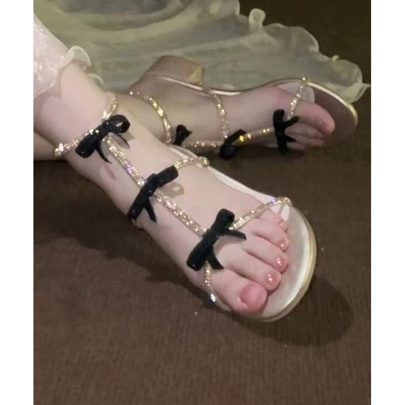 Bow Zircon Toe Peep Chunky Stylish Sandals Heel