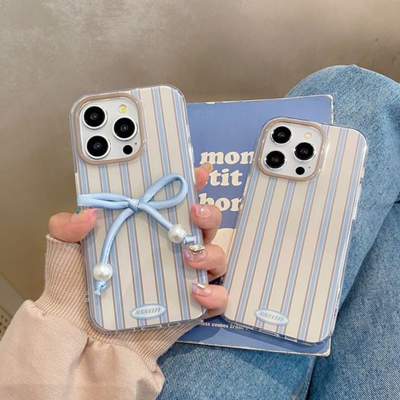 Case Faux Decoration Bow Pearl Striped Phone Adhesive Set /
