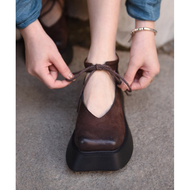Cowhide Original Lace Up Leather Platform Design Coffee Shoes
