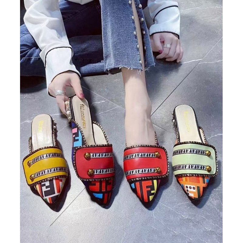 Faux Sandals Unique Toe Splicing Yellow Leather Slide Pointed