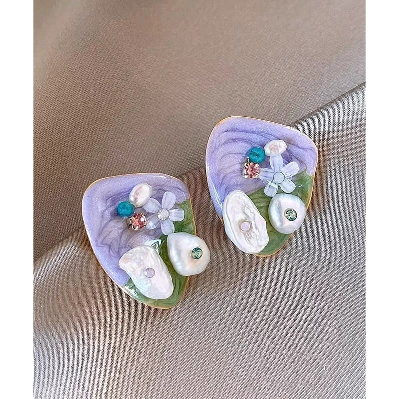 Floral Rice Alloy Stud Purple Light Beads Earrings Modern Zircon