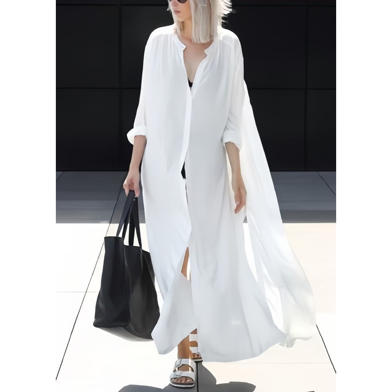 Size Cotton UPF Shirts White 50+ Plus Side Long Open Oversized