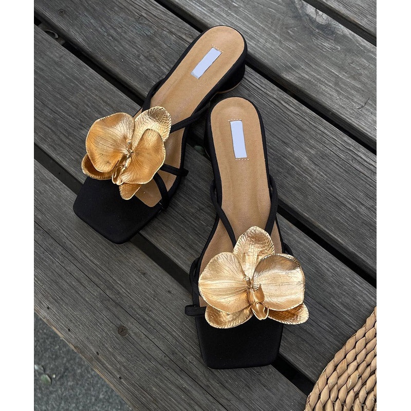 Stylish Floral Splicing Sandals Chunky Slide Leather Black Faux